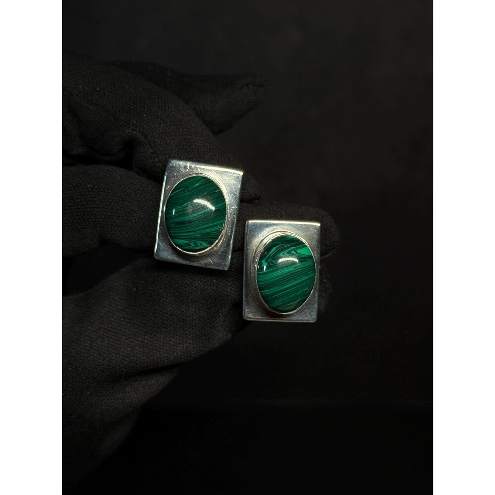 Taxco Sterling Silver Oval Malachite Rectangular Studs Earrings Mexico TA-221